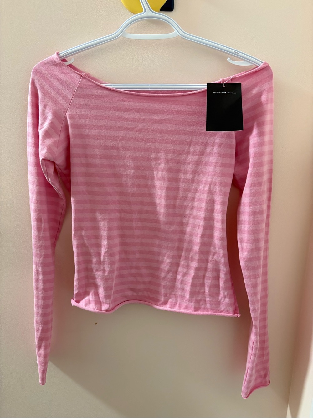 Brandy Melville Pink Striped Long-Sleeve Boatneck Top